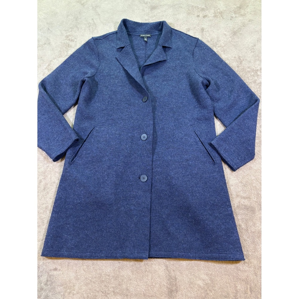 Eileen Fisher Women Blue Wool Notched Lapel Button Front Sweater Coat Size S